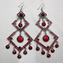 Statement Red Rhinestone Chandelier Earrings | Oversized Geometric Dangle Earrings | Silver Tone Gothic Boho Earrings