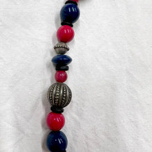 Vintage Red & Navy Beaded Necklace / Silver Tribal Beads / Short Statement Necklace / Bold Colour Jewelry