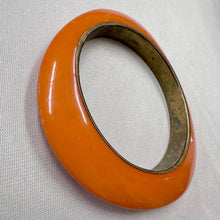 Vintage Orange Acrylic & Metal Bangle Bracelet | Retro Oval Statement Bracelet | 70s Style Jewelry