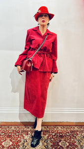 Vintage Rose Red Belted Shirt & Midi Skirt Set