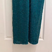 Vintage 80s Heavily Beaded Silk Gown Emerald Teal Sequin Cutout Prom Pageant Dress