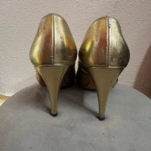 Vintage Gold Leather Peep Toe Heels Size EU 37 | Woven Detail Pumps Metallic Party Shoes Stiletto Heel