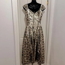 Vintage 1950s Metallic Brocade Fit and Flare Dress | Gold Black Jacquard Party Formal Occasion