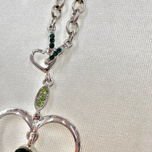 Vintage Heart Pendant Necklace / Green Rhinestone Necklace / Y2K Silver Necklace / Statement Heart Jewelry / Floral Charm Necklace