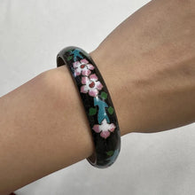 Vintage Cloisonné Floral Bangle | Black Enamel Bracelet | Pink Flower Bracelet | Asian Inspired Vintage Jewelry