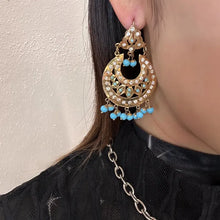 Vintage Gold & Turquoise Rhinestone Drop Earrings – Boho Crescent Dangle
