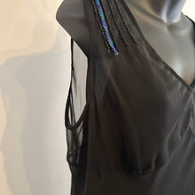 Black Sheer Overlay Maxi Dress, Blue Sequin Embellished Shoulders, Sleeveless V Neck Evening Dress, Elegant Formal Gown, Sheer Hem