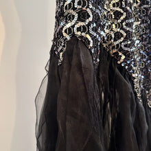 Angelucci Design Sequin Maxi Dress, Black Silver Mermaid Hem, Spaghetti Strap Evening Gown
