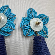 Vintage Blue & Turquoise Beaded Floral Statement Earrings | Raffia Drop Earrings | Tropical Boho Dangle Earrings