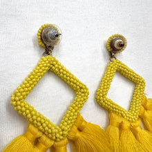 Bright Yellow Beaded Tassel Statement Earrings – Geometric Fringe Drops