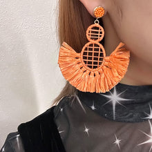 Coral Raffia Fan Statement Earrings – Oversized Boho Fringe Drops