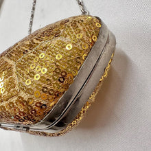 Gold Sequin Evening Clutch Bag | Rhinestone Clasp, Chain Purse, Vintage Glam Handbag