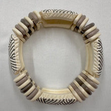 Vintage Tribal Elastic Statement Bracelet | Carved Ivory & Taupe Resin Beads | Boho Chunky Stretch Bracelet