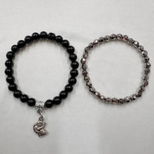 Vintage Black & Silver Beaded Stretch Bracelet Set | Angel Charm Bracelet Duo | Y2K Goth Boho Stack Bracelets | Elastic Beaded Wristwear