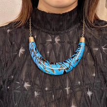 Vintage Blue Statement Necklace – Sculptural Crescent Resin Pendant with Abstract Black Pattern