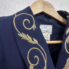 Vintage 80s Navy Blazer | Gold Baroque Scroll Embroidery, Double-Breasted Jacket