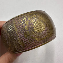 Vintage Wide Brass Tone Etched Bangle | Bohemian Cuff Bracelet | Ornate Floral Engraved Statement Bracelet