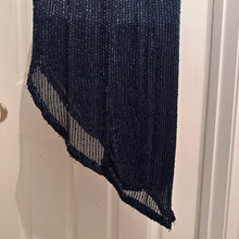 Vintage 1980s Beaded Fringe Dress | Midnight Blue Asymmetric Mock Neck Evening Gown