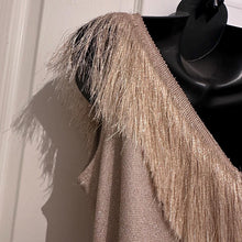 Vintage Metallic Rose Gold Fringe V-Neck Maxi Dress Size M Shimmer Column Slit