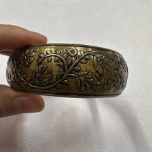 Vintage Engraved Brass Bangle / Floral Etched Statement Bracelet / Bohemian Retro Jewelry