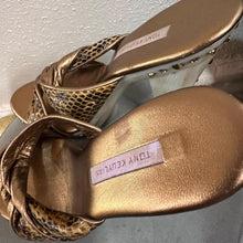 Vintage Tony Keuylian Snake Print Platform Mules – Gold Bronze Leather Y2K Sandals