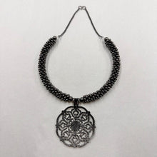 Vintage Gunmetal Mandala Choker Necklace | Boho Gothic Beaded Choker | Adjustable Statement Collar Necklace | Dark Silver Pendant Jewelry