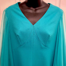 Vintage 70s H&T Creation Teal Cape Dress Size SSW / S | Rare Sheer Chiffon Tiered Overlay Cocktail Dress | Retro V-Neck Avant Garde Dress