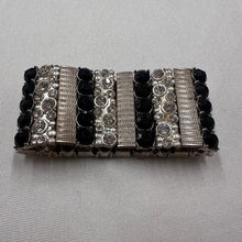 Vintage Stretch Rhinestone Cuff Bracelet / Black & Silver Statement Bracelet / Glam Elastic Bangle