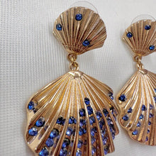 Vintage Gold Seashell Statement Earrings | Blue Rhinestone Shell Drop Earrings | Coastal Nautical Earrings | Ocean Inspired Jewellery