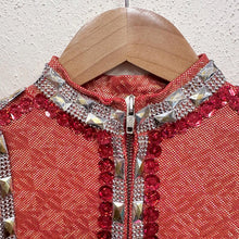 Vintage Metallic Hooded Tunic | Orange Gold Rhinestone Zip Up Top
