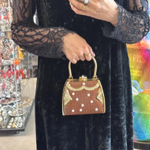 Vintage Gold-Tone Brown Mini Top Handle Bag with Pearl Details