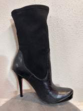 Black Stretch Panel High Heel Boots – Pointed Toe, Sleek Leather Look, Platform Stiletto Boots