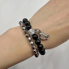 Vintage Black & Silver Beaded Stretch Bracelet Set | Angel Charm Bracelet Duo | Y2K Goth Boho Stack Bracelets | Elastic Beaded Wristwear