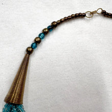 Vintage Turquoise Beaded Statement Necklace – Braided Aqua Glass, Gold-Tone Centre Pieces