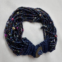Vintage Handwoven Beaded Cuff Bracelet | Navy Seed Bead Macramé Bracelet | Boho Artisan Statement Bracelet | Button Closure