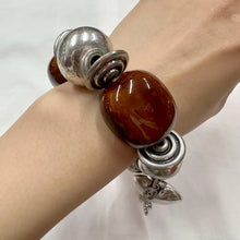 Vintage Stretch Charm Bracelet | Brown Ceramic Beads & Silver Tone Heart Tassel | Chunky Statement Jewelry