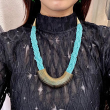 Vintage Turquoise Beaded Statement Necklace – Braided Aqua Glass, Gold-Tone Centre Pieces