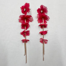 Statement Red Floral Drop Earrings | Fabric Flower Cascade Earrings | Gold Tone Long Dangle Stud Earrings