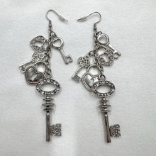 Vintage Silver Key Charm Dangle Earrings – Long Statement Heart & Lock Drop