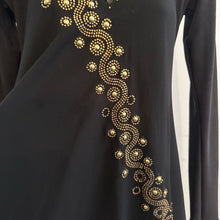 Black Gold Rhinestone Maxi Dress, Long Sleeve Deep V Neck Evening Gown, Diagonal Embellished Formal Dress, Elegant Statement Party Wear