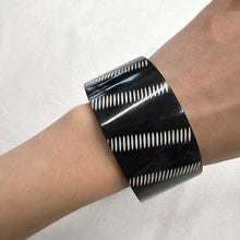 Vintage Wood & Black Acrylic Wide Bangle | Chunky Statement Bracelet | Geometric Artisan Cuff | Bohemian Jewelry