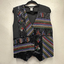 Vintage 80s Black Beaded Sequin Vest | Rainbow Embellished Unisex Waistcoat | Festival Statement Piece