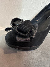 Vintage Black Suede Peep-Toe Heels with Statement Bow
