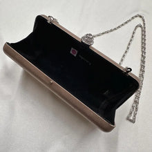 Vintage Champagne Satin Evening Clutch, Rhinestone Clasp, Chain Strap Shoulder Bag