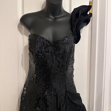 Vintage Nadine Black Sequin One Shoulder Gown | Asymmetrical Taffeta Bow Formal Dress ￼