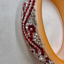 Vintage Rhinestone Pearl Bangle Bracelet, Red Crystal Embellished Cream Lucite Style Bracelet, Y2K Glam Statement Jewelry