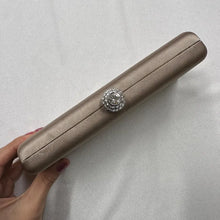 Vintage Champagne Satin Evening Clutch, Rhinestone Clasp, Chain Strap Shoulder Bag
