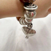 Vintage Stretch Charm Bracelet | Brown Ceramic Beads & Silver Tone Heart Tassel | Chunky Statement Jewelry
