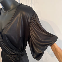 Liza Emanuele Black Wrap Dress, Satin-Like Finish, Batwing Sleeves, Asymmetric Hem (AUS 14)