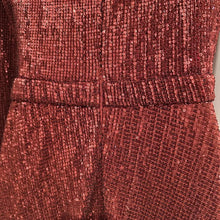 Burgundy Copper Sequin Formal Gown – Double Front Slit Long Sleeve Maxi Dress, Padded Cups & Back Zip, Shimmering Red Bronze Evening